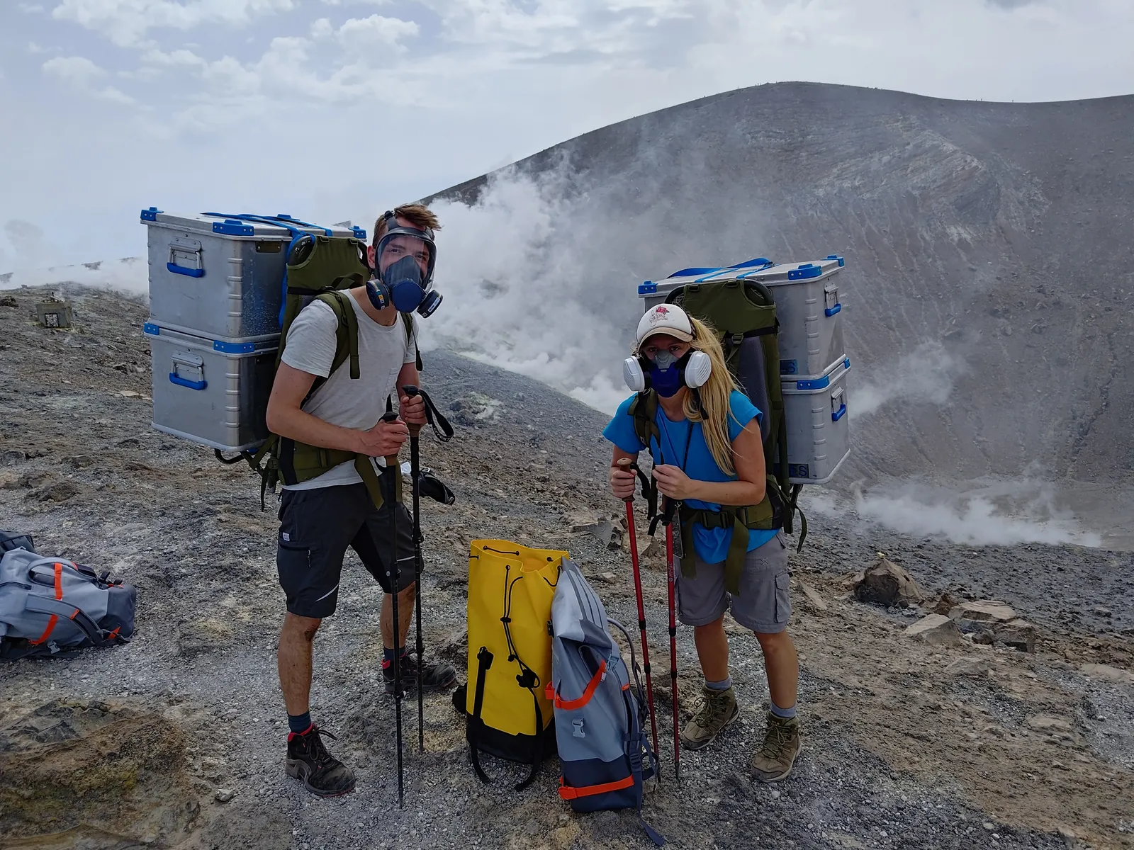 Transporting measurement equipment near the fumarole field.