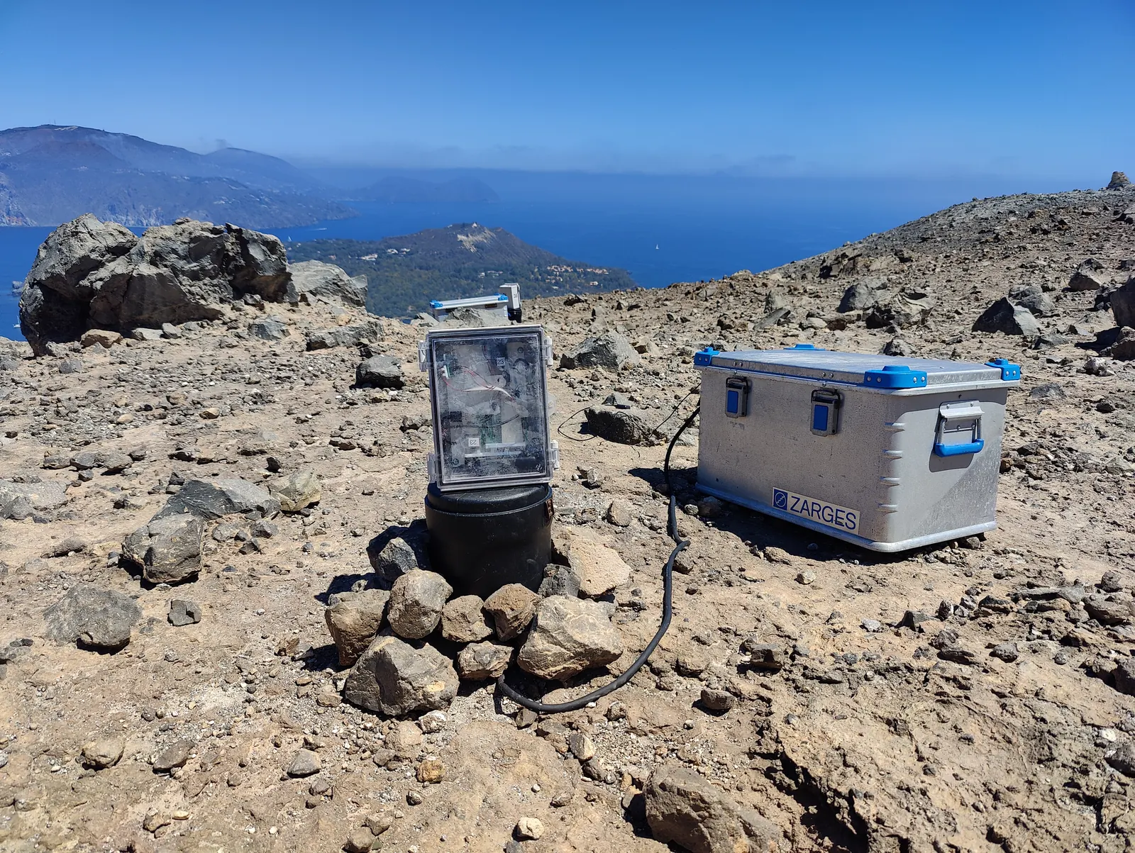 A deployed instrument and recording equipment on Vulcano.