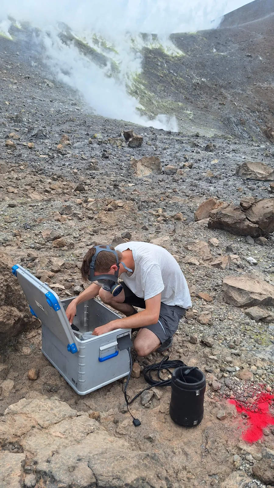 Preparing instruments near the fumarole field.