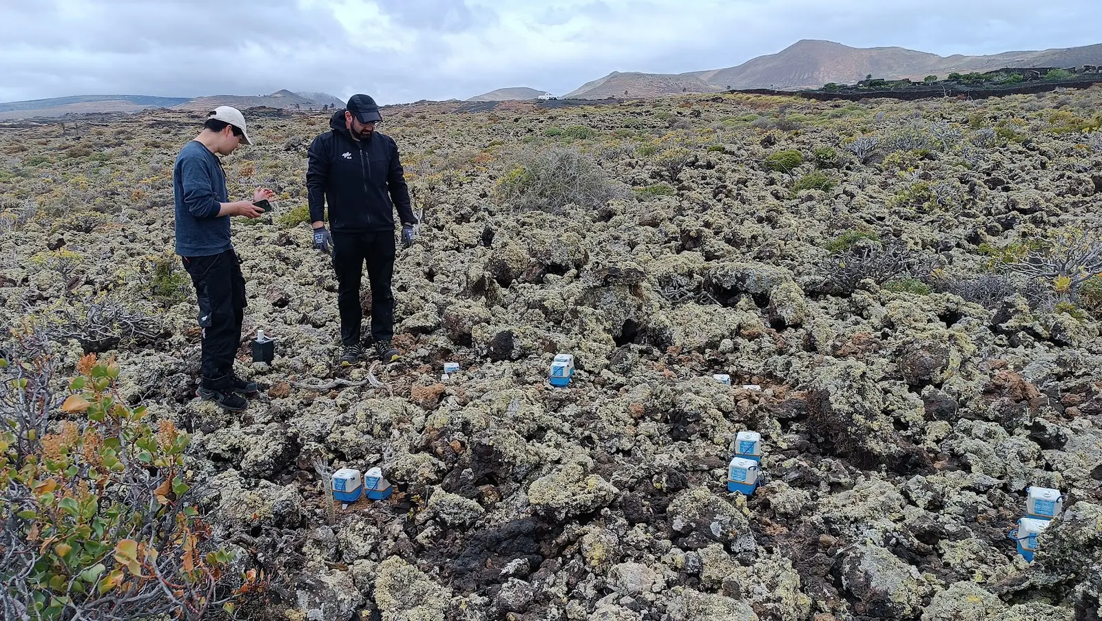 Team members beside deployed sensors on Lanzarote.